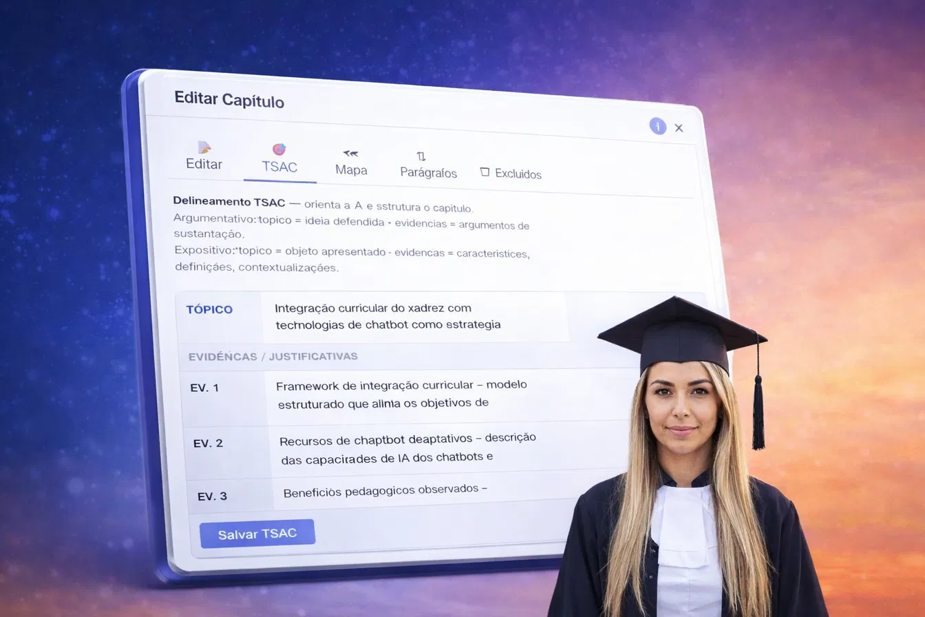 Tela do Delineamento Micro do Monografis com tópico e evidências de um capítulo de TCC ao lado de universitária formada