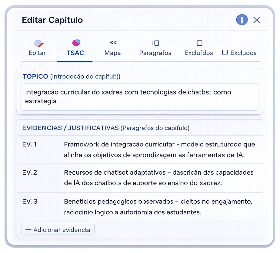 Tela Editar Capítulo do Monografis mostrando a aba TSAC com tópico e evidências preenchidas